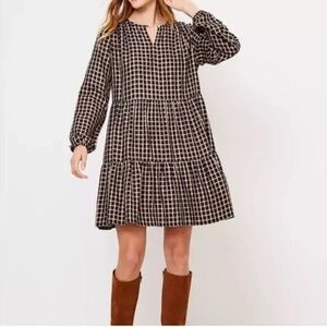 LOFT Navy and Gold Shimmer Checkered Long Sleeve Dress